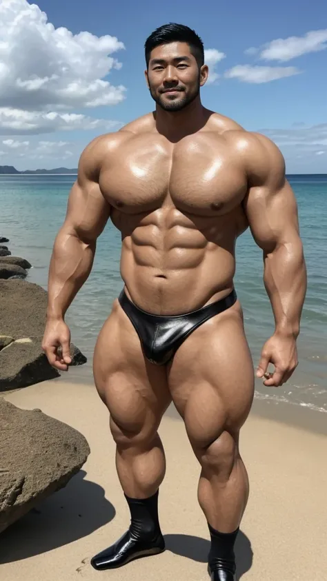 There is only one handsome Asian actor in the picture，35 years old，Tall and handsome, Toned body，short hair, O-Shaped Beard，Perfect body, Dark skin，Glowing skin，Smooth skin，The body is hairless，Muscle bulge, Muscular, Very large pectoral muscles，Very sexy ...