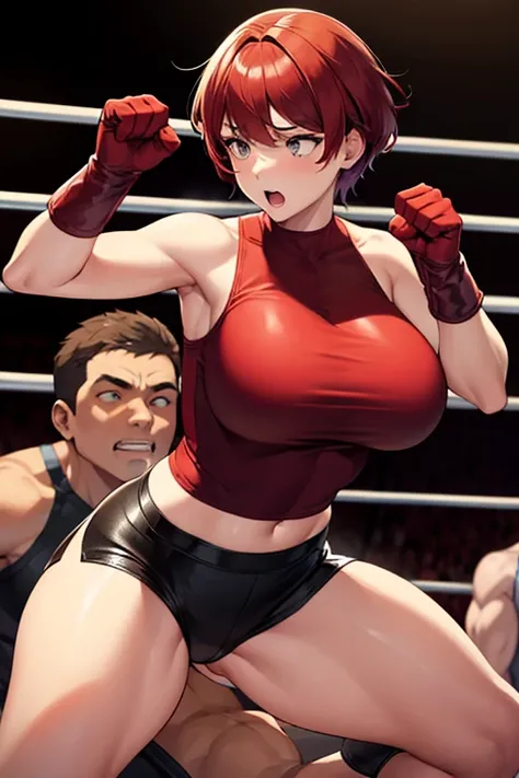 One woman,Big Breasts,Red hair,short hair,Brown skin,wrestling,On the Ring,A belligerent look,Standing,Fighting Pose,Tight short tank top,Leather shorts