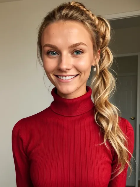 photo of a skinny blonde teen submissive wife messy long hair thrown into a messy bun ponytail. She wears: (turtleneck high ribbed bright tight red sweater:1.1), submissive seductive pose, high tight ribbed neck, seductive smile, perfect fake tits, turtlen...