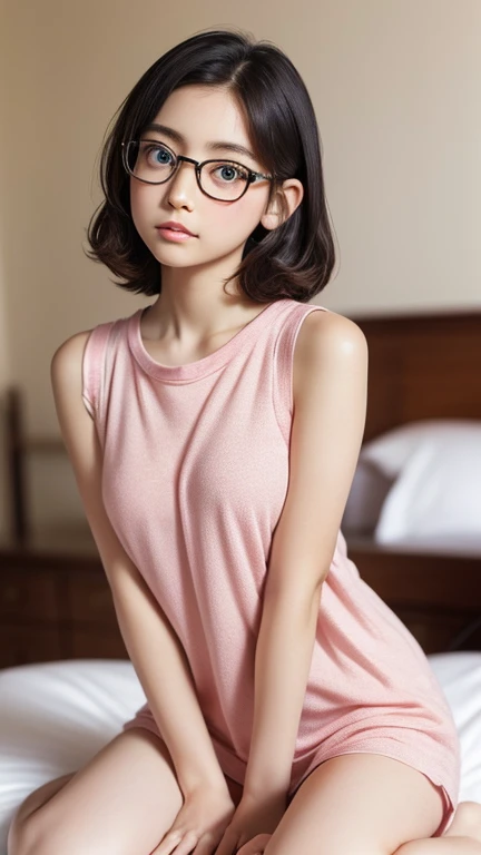 （8K、Hyper HD）On pink sheets、transparent bottom、Spread your legs、short hair, Black Hair, Curly Hair、View your audience,high school girl,Leaning forward,(Random cute clothes),(Random Animation Pose),(Thin type),(Random hairstyle),(Best image quality, (8K), U...