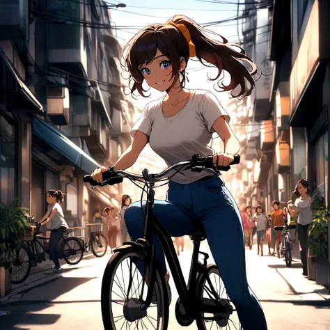 A female character in Tsukasa Hojo style, wearing blue jeans and a white T-shirt. She has a ponytail and a bright, lively smile. She is riding a bicycle through a bustling city street.