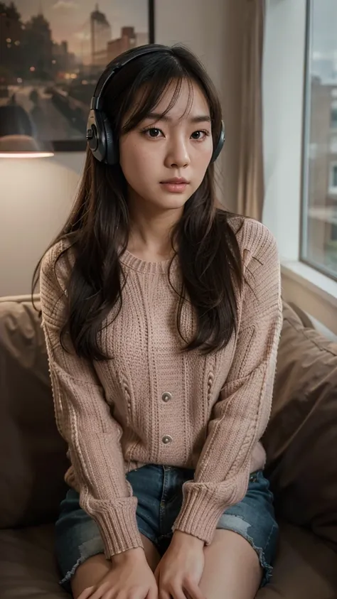 a beautiful young korean girl wearing a pink sweater and short pants, sitting in a cozy room, wearing big over-ear headphones, long dark hair, cute expression, high quality, realistic, ultra-detailed, (best quality,4k,8k,highres,masterpiece:1.2),ultra-deta...