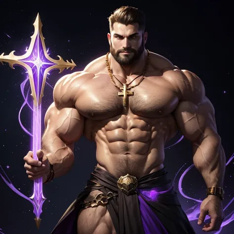 Thick Gold Cross on a necklace. An arcane mage swirls purple, glowing, arcane energy around himself. He is an absolute muscle monster, with impossibly broad, well toned shoulders and a V shaped body with narrow waist. His shoulders are three times wider th...