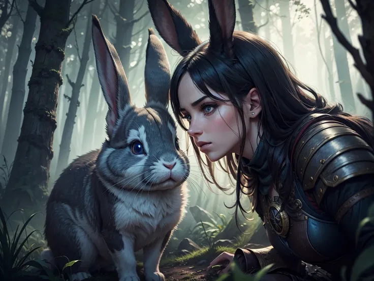 a fantasy game background, a battle-ready rabbit in the foreground, magical forest landscape, beautiful detailed eyes, beautiful detailed lips, extremely detailed eyes and face, long eyelashes, intricate character design, vibrant colors, dramatic lighting,...