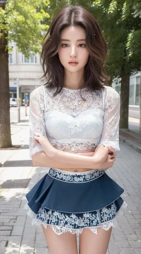 ((Best quality, 8k, Masterpiece :1.3)), Sharp focus :1.2, Perfect Body Beauty:1.4, Slim Abs:1.2, ((Layered hairstyle, shyness:1.2)), (Street:1.2), Highly detailed face and skin texture, Fine eyes, Double eyelids, (Lace skirt: 1.3),