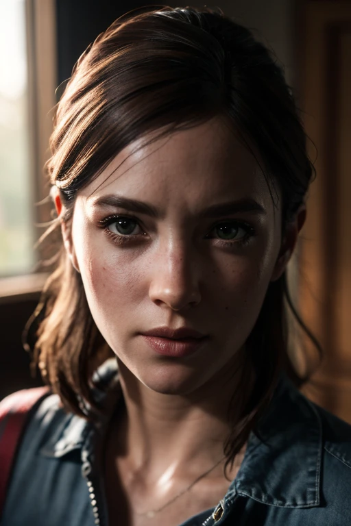 ellie, tlou2, portrait, sun rays, looking at viewer, award-winning, (8k, raw photo, best quality, masterpiece:1.2),ultra-detaile...