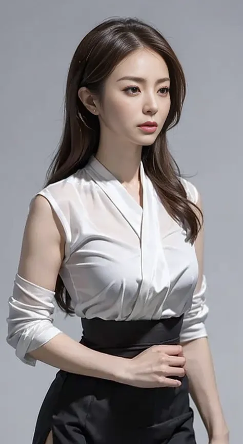 Anatomically correct、Muscular、Thin silk blouse、((Japanese Mature, ４５Year)), alone, ((Fine wrinkles on the face、Facial blemishes), Shapely breasts, Muscular、Meaty body、Straight light brown hair that reaches the shoulders, Chubby body type (((Stand upright, ...