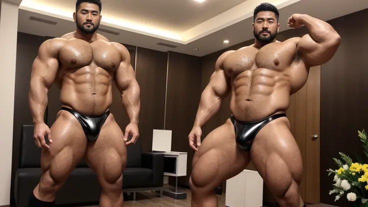 There is only one handsome Asian actor in the picture，35 years old，Tall and handsome, Toned body，short hair, O-Shaped Beard，Perfect body, Dark skin，Glowing skin，Smooth skin，The body is hairless，Muscle bulge, Muscular, Very large pectoral muscles，Very sexy ...