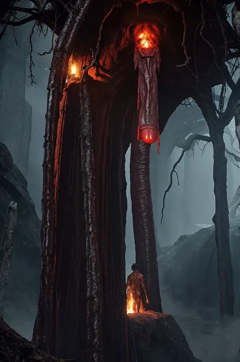 A naked spirit of hell, with a huge erect penis coming out of a dark place 