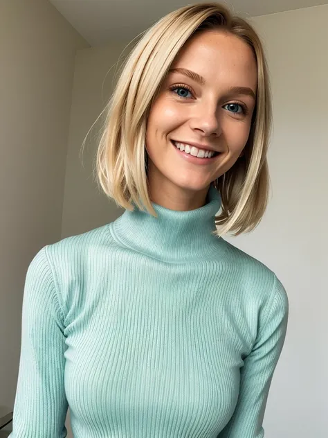 photo of a skinny blonde teen submissive wife, bob style hair, She wears: (turtleneck high ribbed bright tight sweater:1.1), submissive seductive pose, high tight ribbed neck, seductive smile, perfect fake tits, turtleneck top