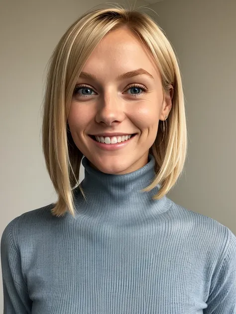 photo of a skinny blonde teen submissive wife, bob style hair, She wears: (turtleneck high ribbed bright tight sweater:1.1), submissive seductive pose, high tight ribbed neck, seductive smile, perfect fake tits, turtleneck top