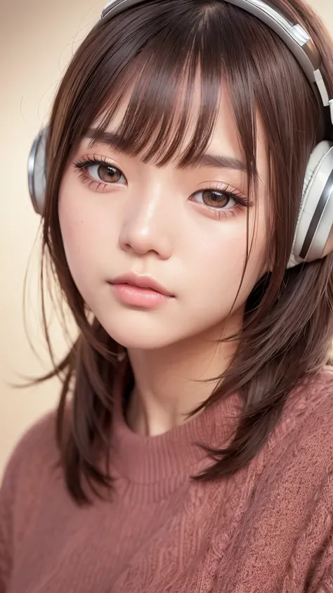 a beautiful young korean girl, 1girl, wearing a pink sweater and short pants, sitting in a crowded place, wearing big over-ear headphones, long dark hair, cute expression, high quality, realistic, ultra-detailed, (best quality,4k,8k,highres,masterpiece:1.2...