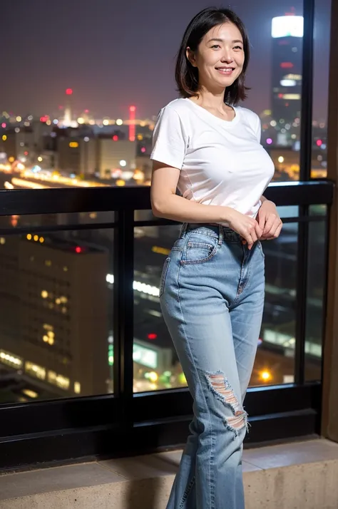 from side,(top-quality, masterpiece,photo realistic,ultra-detailed,Textured skin:1.2),(Anatomically correct),(1 girl),(good hands), break (tight white tshirts:1.2),(denim pants), break (saggy breast:1.1),(Tokyo night view from a skyscraper in the backgroun...