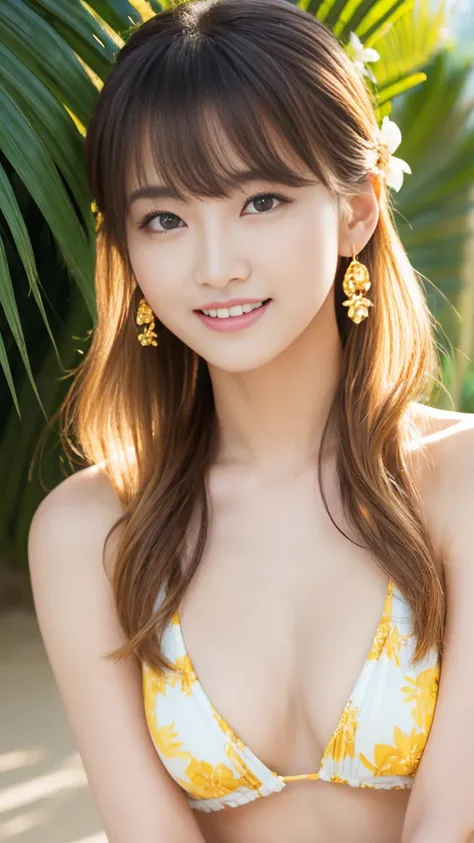 Highest quality、8k wallpaper、Reality:1.4、Photographed in natural light、View your viewers、background:Tropical Beach、1 beautiful girl、Japanese Idol、30 years old、Beautifully detailed eyes、Detailed face、Beautiful Skin、Slender、Slim waist、Long, slender legs、Lip ...