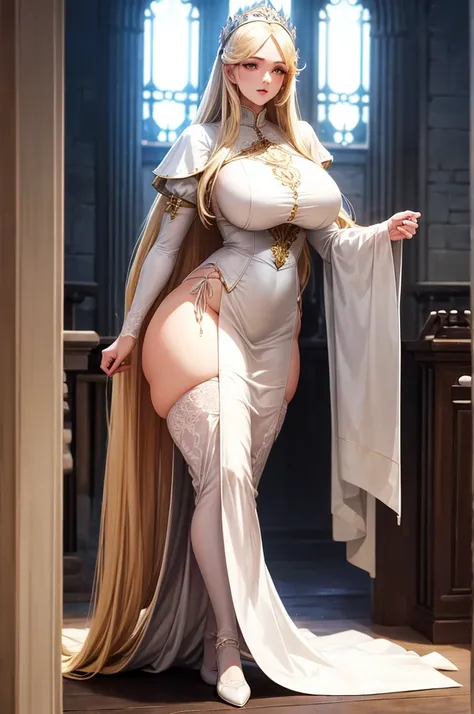 A very tall and voluptuous human female, long and blonde hair, white outfit, medieval era, mif, nsfw, mature woman