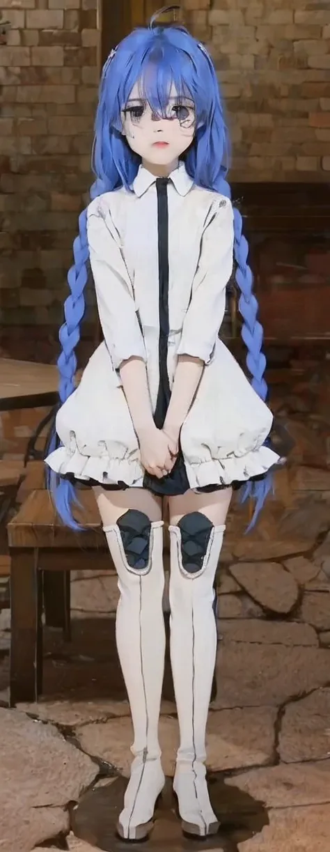 Blue hair girl,white dress,white stocking, cute 