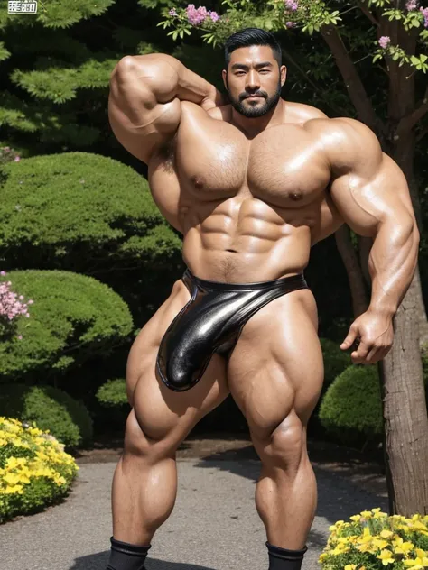 There is only one handsome Asian actor in the picture，35 years old，Tall and handsome, Toned body，short hair, O-Shaped Beard，Perfect body, Dark skin，Glowing skin，Smooth skin，The body is hairless，Muscle bulge, Muscular, Very large pectoral muscles，Very sexy ...