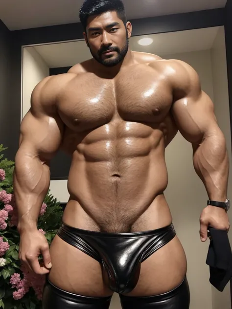 There is only one handsome Asian actor in the picture，35 years old，Tall and handsome, Toned body，short hair, O-Shaped Beard，Perfect body, Dark skin，Glowing skin，Smooth skin，The body is hairless，Muscle bulge, Muscular, Very large pectoral muscles，Very sexy ...