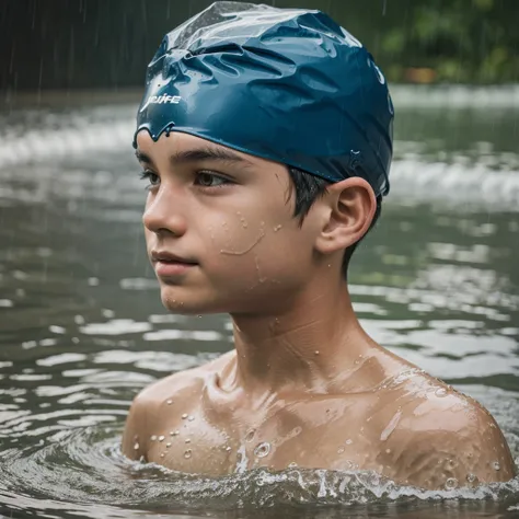 A boy swimming in the rain.