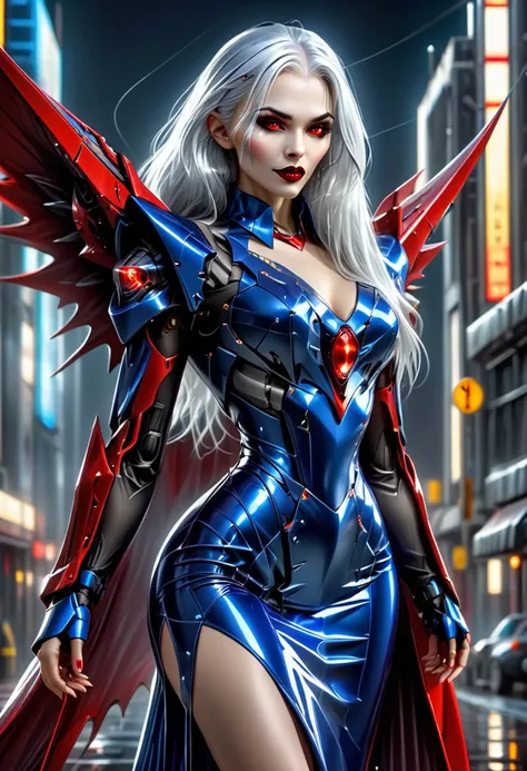 ((a photorealistic glamour shot of an exquisite, glamour mecha female vampire: 1.5)), ((full body: 1.3)), ultra feminine, pale face, silver hair, long vibrant shiny hair, glamorous hair,  red eyes, miniatures mechanical , deep penetrating eyes, red lips, l...