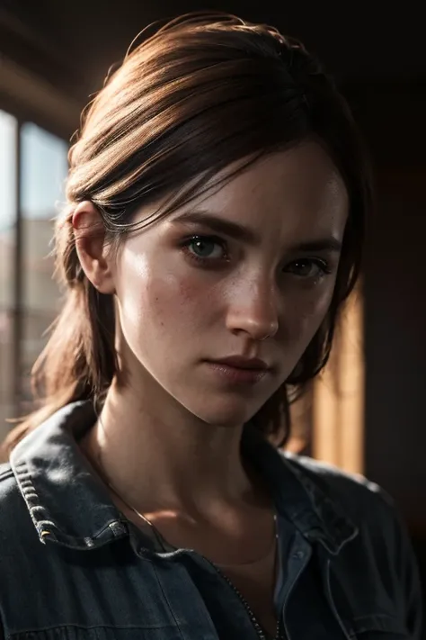 ellie, tlou2, portrait, sun rays, looking at viewer, award-winning, (8k, raw photo, best quality, masterpiece:1.2),ultra-detaile...