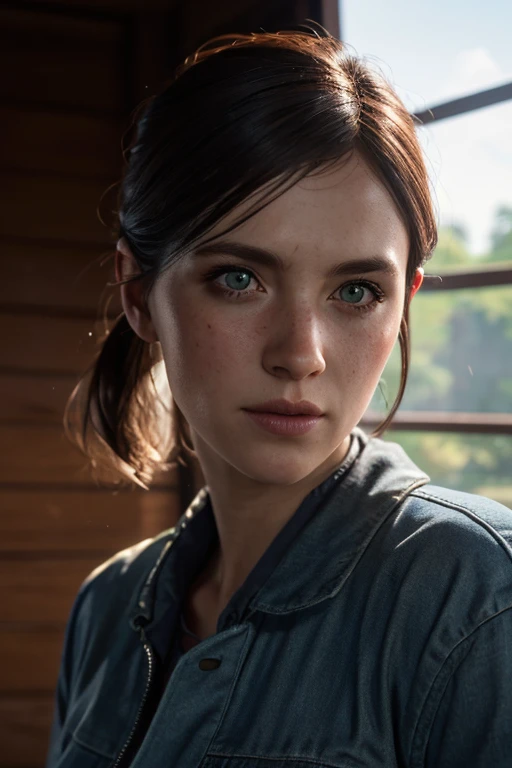 ellie, tlou2, portrait, sun rays, looking at viewer, award-winning, (8k, raw photo, best quality, masterpiece:1.2),ultra-detaile...