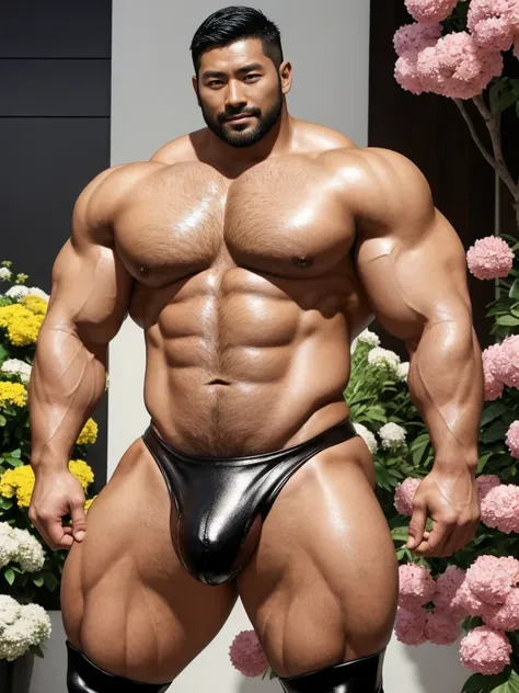 There is only one handsome Asian actor in the picture，35 years old，Tall and handsome, Toned body，short hair, O-Shaped Beard，Perfect body, Dark skin，Glowing skin，Smooth skin，The body is hairless，Muscle bulge, Muscular, Very large pectoral muscles，Very sexy ...