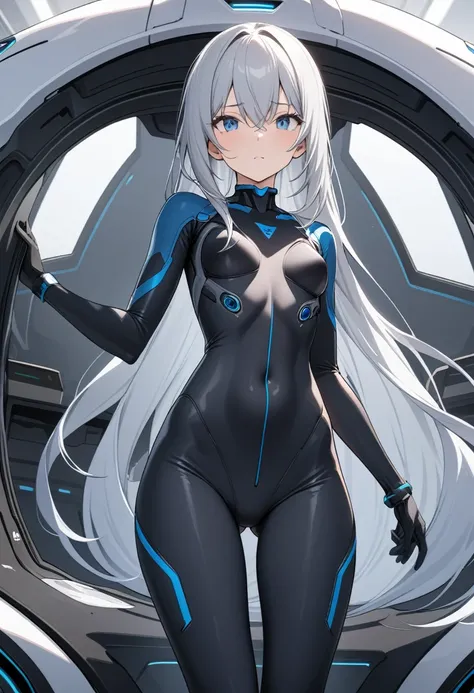 ((masterpiece)), (Highest quality), (Simple style), Silver hair Super long hair Blue eyes Plug suit See-through Slim body Tall Small breasts Cockpit