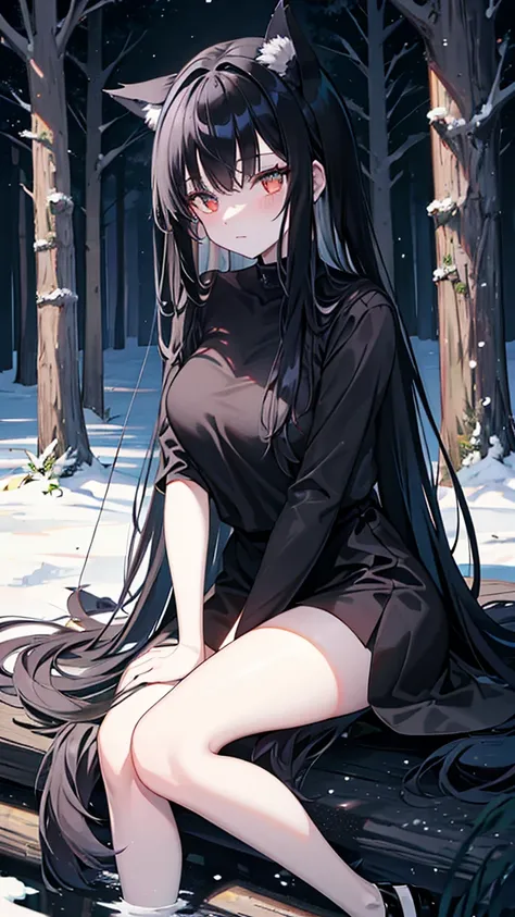 A wolf, long black hair,She is in a forest at night