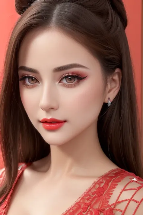 (best quality, high resolution, masterpiece:1.2), Very detailed, Practical:1.37, (Perfect anatomical structure),（Passion is like fire，Equestrian Princess，Eyes tease，Thick eyelashes，Bright eyes，Coral lip gloss，Passionate makeup，（Close-up of face），Smooth ski...