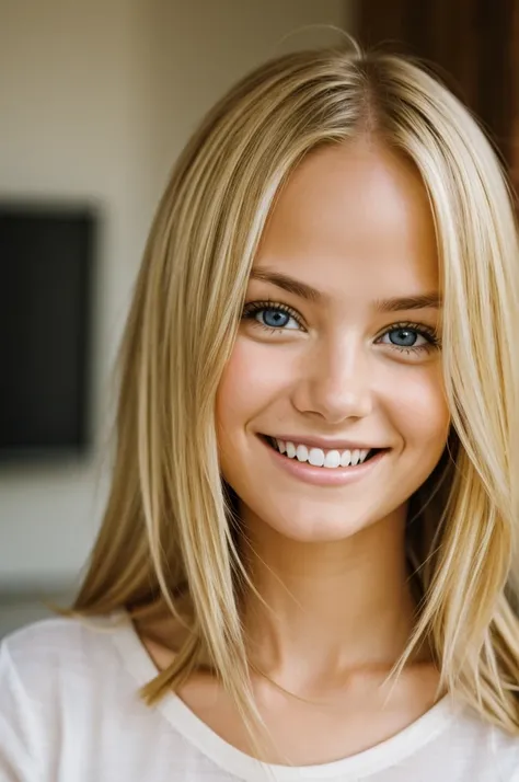 Smiling blond girl, who look intp the Camera.