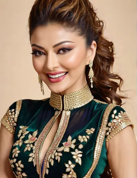 hires headshot photo of urvashi rautela woman, studio quality, looking straight at viewer, detailed ethnic dress with high collar, laughing, background bokeh  