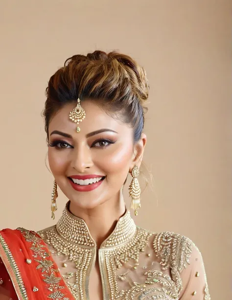 hires headshot photo of urvashi rautela woman, studio quality, looking straight at viewer, detailed ethnic dress with high collar, laughing, background bokeh  