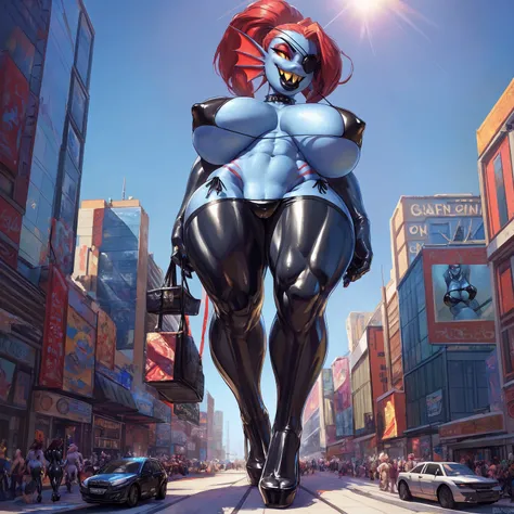 8K, ((masterpiece)), ((stunning artwork)), (carefully drawn), (highly detailed), solo, alone, uploaded to e621.net, undyne, blue skin, female, (big bottom lip:1.3), (black lip gloss:1.3), large breasts, black leather collar, blue eyeshadow, (black latex bi...