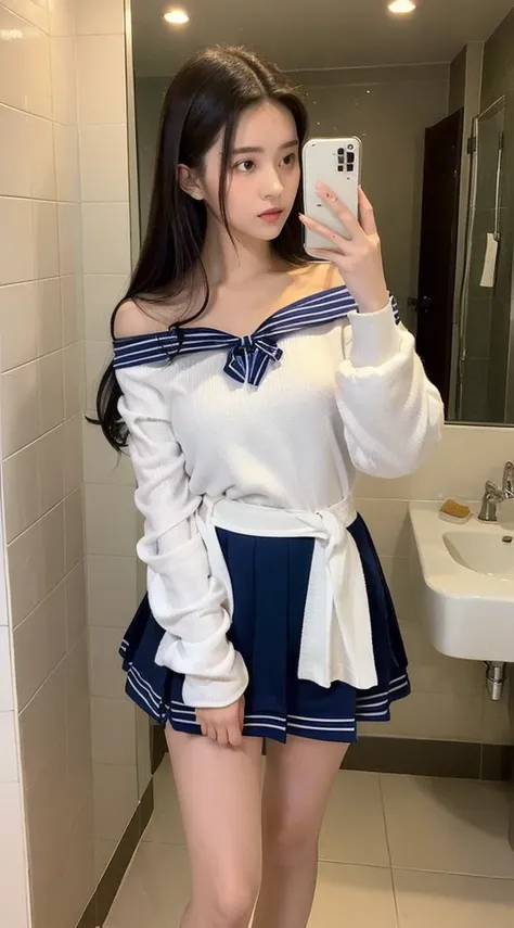 The image depicts an individual standing in a room, with their right arm raised and hand touching the ceiling. The person is wearing a dress reminiscent of a sailor’s uniform, predominantly white with dark blue trim and accents. The dress has off-the-shoul...