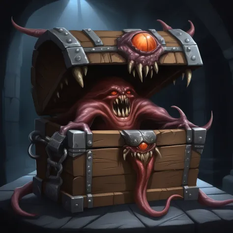 a demonic monster disguised as a treasure chest in a dark dungeon, highly detailed, ultra-realistic, hyperrealistic, 8k, photore...