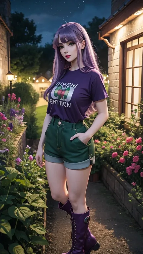 Irish woman, anime, cute, beautiful, high quality, night, 8k, long light purple hair, green eyes, red lips, eyelashes, standing, garden, printed t shirt, overall shorts, boots