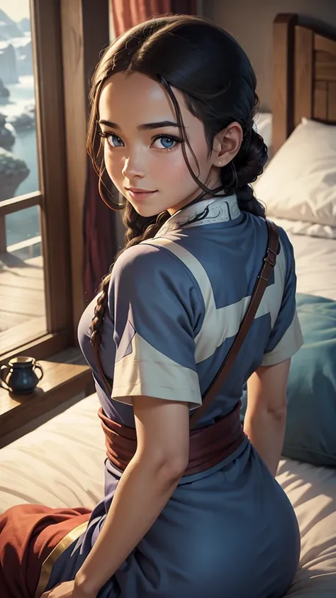 Katara, 1girl, fantasy, highres,  looking_away, looking_to_the_side,  original, realistic,   scenery,  Close-up, upper_body, smiling, action pose,on_bed,