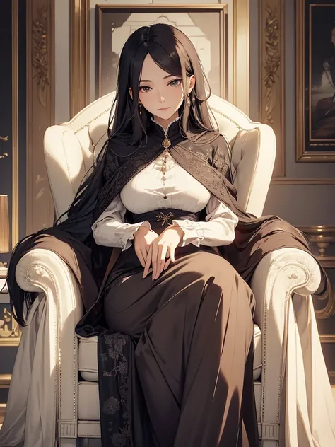 (​masterpiece、top-quality、hight resolution),A wealthy, gentle widow is depicted in a cozy, elegant room. She is dressed in high-quality, understated clothing that subtly hints at her wealth. Her demeanor is calm and composed, with a soft, warm smile on her...