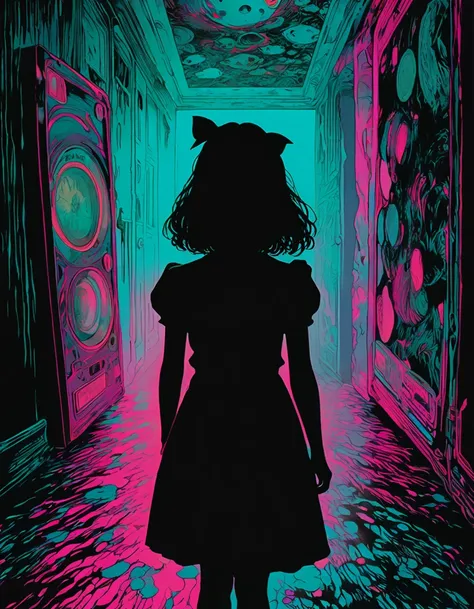 illust、art、from 80s horror movie, directed by Junji Ito、Alice in Wonderland、high detail, realsitic shadow、Analog style, vhs style, 8mm film, chromatic aberration, Dvd screengrab、Surrealism、Complementary color gradient