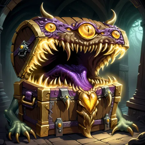 a monster disguised as a treasure chest, highly detailed, intricate design, ornate golden accents, glowing magical aura, sharp c...