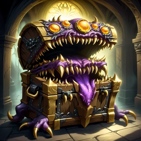 a monster disguised as a treasure chest, highly detailed, intricate design, ornate golden accents, glowing magical aura, sharp c...