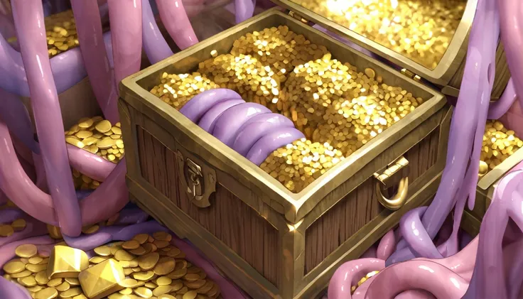 pink and purple tentacles extend from inside a treasure chest filled with gold and silver treasures.