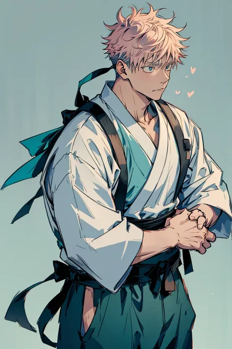 Create a cute, baby-sized version of Gojo Satoru from Jujutsu Kaisen. He is dressed in traditional Mississippi attire and holding a bucket hat. The background should be a plain teal color."