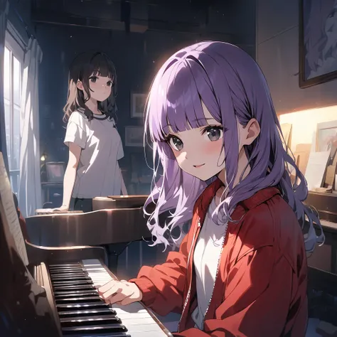 (Cute a girl and a woman:1.5), (A girl in a white T-shirt and red tracksuit .:1.1),(masterpiece:1.3), anime visual,  (Lovey-dovey:1.5), (tilt head:1.3), extremely delicate face, realistic lighting and shading, (an extremely delicate and beautiful art:1.3),...