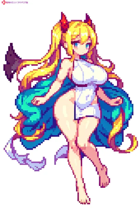 devil,barefoot,{{lift one leg}},{{very muscular}},{{very gigantic breasts}} ,{{very curvy}} , ,masterpiece , best quality , pixel art , 1 girl ,{full body},  voluptuous ,twintails,blonde hair ,white dress,white background 