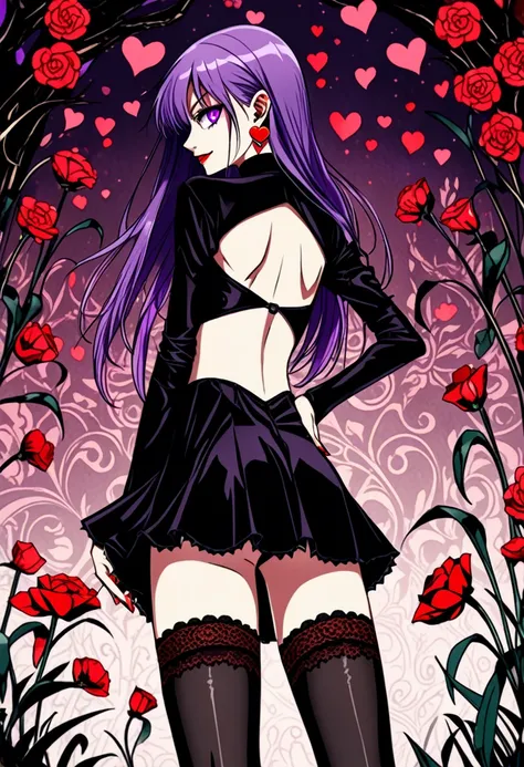 (anime, masterpiece, intricate:1.1), summer aestetic background, comics_darkstalkers_morrigan_aensland, 1girl, Slender hips, slim stomach, thin waist, sexy posing, back view, aesthetically pleasing rear view, looking at viewer, medium breasts, slim body, v...