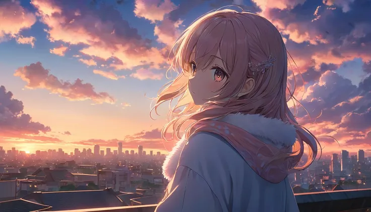 detailed anime girl in a peaceful urban city at dusk, fluffy clouds in the sky, serene atmosphere, soft lighting, warm colors, intricate details, 1girl, Distant view, photorealistic, 8k, highly detailed, masterpiece, cinematic lighting, dramatic lighting, ...