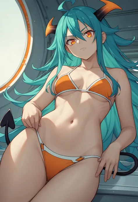 score_9, score_8_up, score_7_up,1 daemon woman,black  demon horns, black demon tail, (aquamarine hair),aquamarine green color hair,ahoge, long hair, (long hair),bangs, light orange bikini,bikini is orange, bikini orange, orange bikini!, (orange eyes), back...