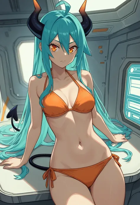 score_9, score_8_up, score_7_up,1 daemon woman,black  demon horns, black demon tail, (aquamarine hair),aquamarine green color hair,ahoge, long hair, (long hair),bangs, light orange bikini,bikini is orange, bikini orange, orange bikini!, (orange eyes), back...